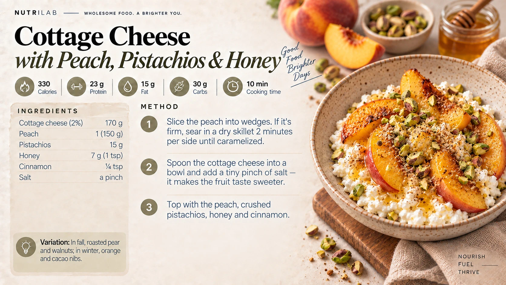 Complete landscape recipe: peach and pistachio cottage cheese bowl